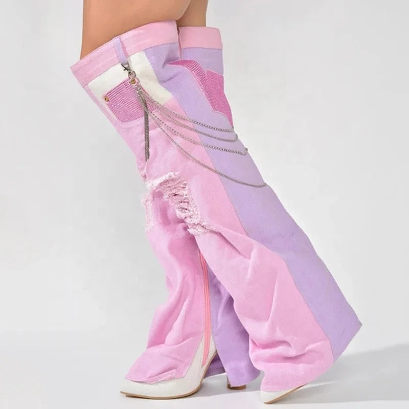 Denim Patchwork Heel Boots - Dupe Department